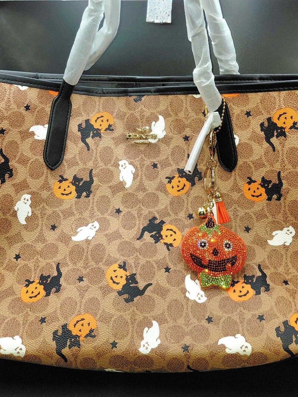 Coach Brown Signature Halloween Tote with Orange Pumpkin Charm A2254-CW450 - Picture 6 of 6
